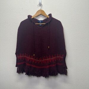 SO GSJC Women's Vintage Lambswool Hooded Poncho Red Fringe Fair Isle Beaded OS